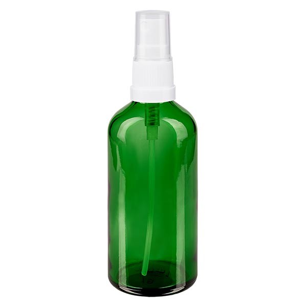 Flacone in vetro verde 100 ml con nebulizzatore a pompa colore bianco