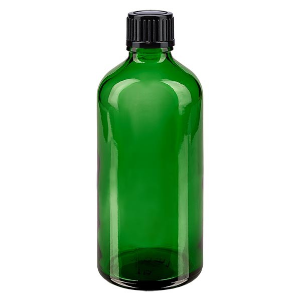 Flacone da farmacia 100 ml colore verde con tappo contagocce 1 mm standard colore nero