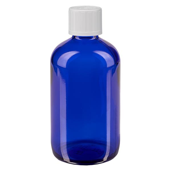 Flacone da farmacia 100 ml colore blu con tappo a vite standard colore bianco, dispositivo di blocco per i bambini