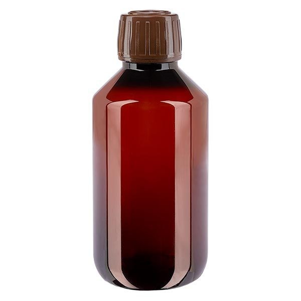 Bottiglia di medicina PET 200ml marrone (bottiglia Veral) PP28, con OV marrone
