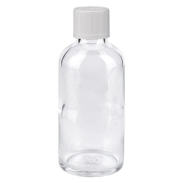 Flacone da farmacia 50 ml trasparente tappo a vite standard colore bianco, dispositivo di blocco per i bambini