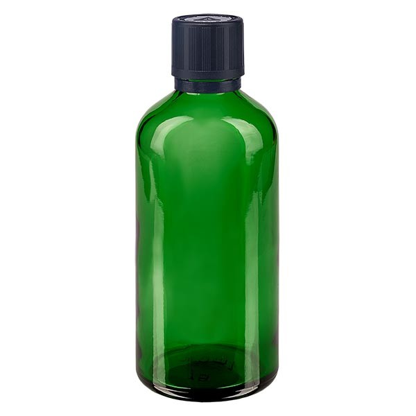 Flacone da farmacia 100 ml colore verde con tappo contagocce premium 1 mm, dispositivo di blocco per i bambini e simbolo di avvertimento per persone cieche, antimanomissione