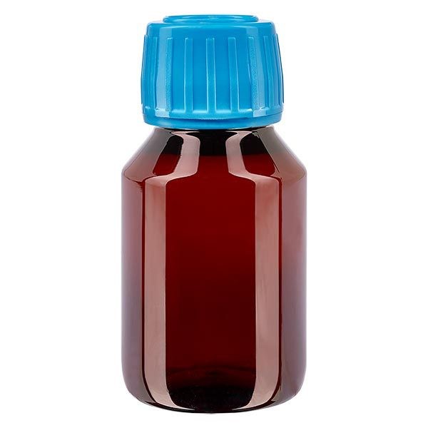 Bottiglia di medicina PET 50ml marrone (bottiglia Veral) PP28, con OV blu