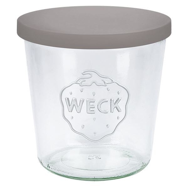 Bicchieri da 580 ml WECK RR100 con coperchio in silicone grigio
