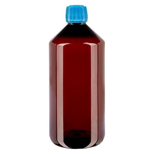 Bottiglia di medicina PET 1000ml marrone (bottiglia Veral) PP28, con OV blu
