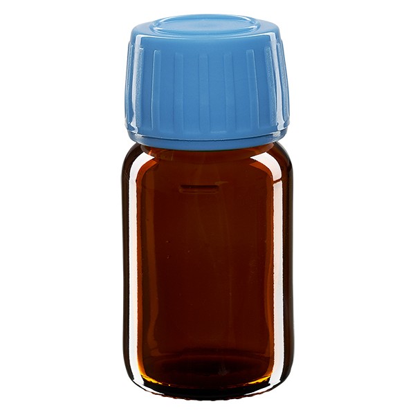 Flacone per medicinali secondo gli standard europei 30 ml colore marrone con tappo a vite antimanomissione di colore blu