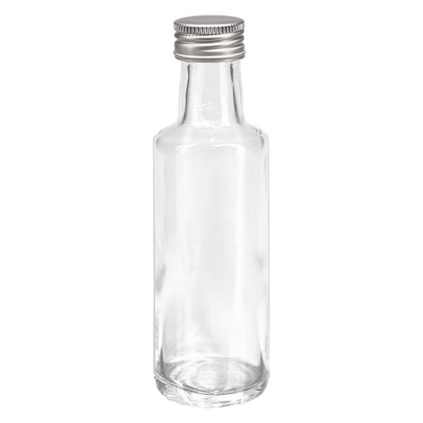 Bottiglia per liquore da 100 ml vetro trasparente forma rotonda incl. tappo  a vite in alluminio color argento (PP 24 mm)