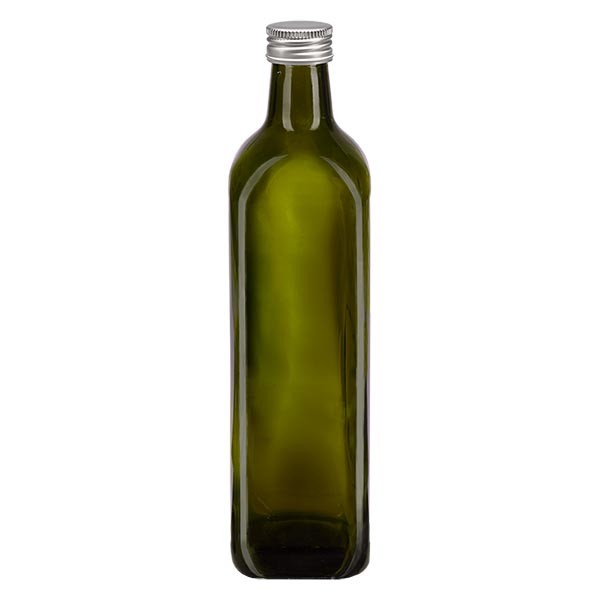 Bottiglia per olio da 750 ml forma rettangolare verde oliva incl. tappo a vite in alluminio color argento (PP 31,5 mm)