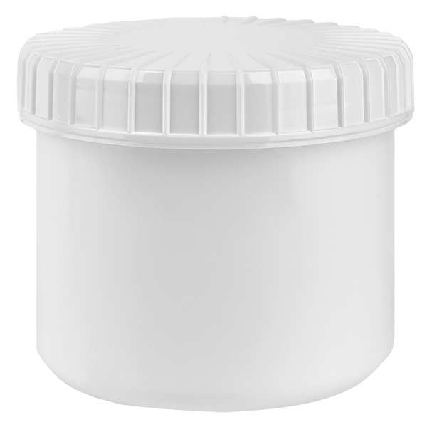 Barattolo in plastica 135 ml colore bianco con tappo a vite scanalato di colore bianco in PE, tipo di chiusura standard