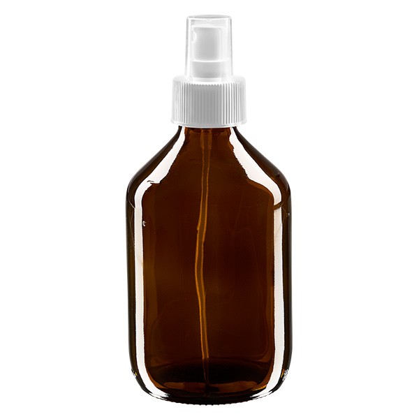 Flacone per medicinali 300 ml colore marrone secondo gli standard europei con nebulizzatore colore bianco e tappo trasparente