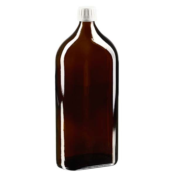 Bottiglia Meplat 1000 ml colore marrone con imboccatura DIN 28, tappo a vite colore bianco DIN 28 antimanomissione in PP