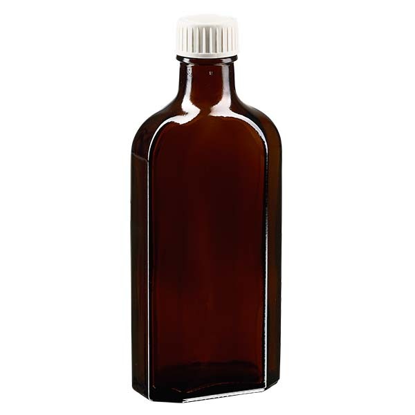 Bottiglia Meplat 150 ml colore marrone con imboccatura DIN 22, tappo a vite colore bianco DIN 22 in PP con