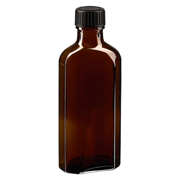 Bottiglia Meplat 100 ml colore marrone con imboccatura DIN 22, tappo a vite DIN 22 colore nero in LKD