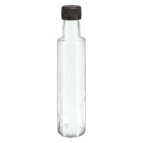 Bottiglia per liquore da 250 ml forma rotonda vetro trasparente incl. tappo a vite colore nero (PP 31,5 mm) con anello salvagoccia antimanomissione