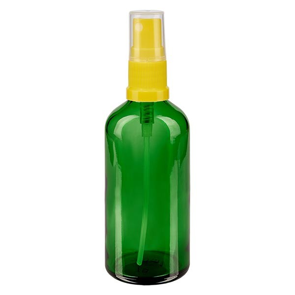Flacone in vetro verde 100 ml con nebulizzatore a pompa colore giallo