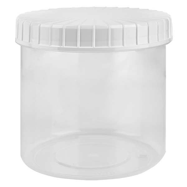 Barattolo in plastica 375 ml trasparente con tappo a vite scanalato di colore bianco in PE, tipo di chiusura standard