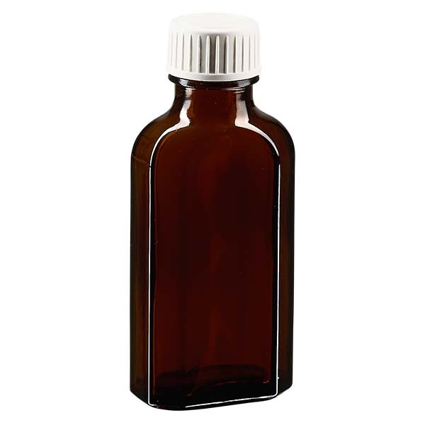 Bottiglia Meplat 50 ml colore marrone con imboccatura DIN 22, tappo a vite colore bianco DIN 22 in PP con