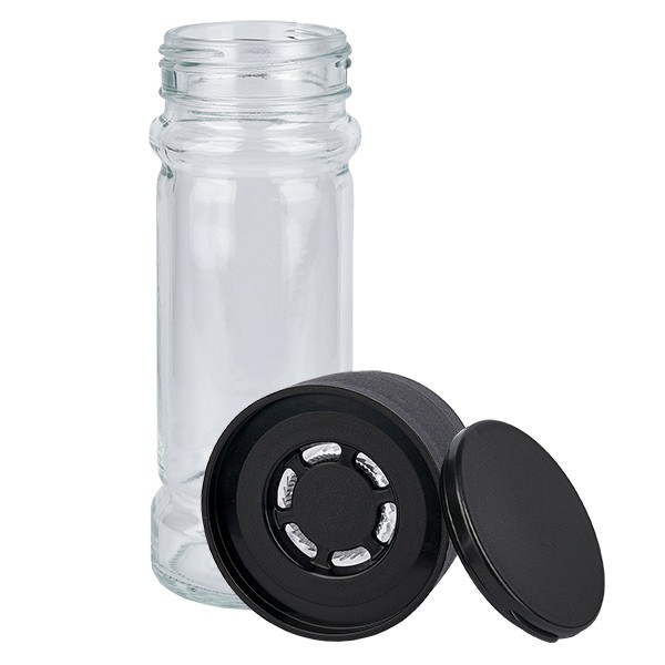 Barattolo per spezie cilindrico 100 ml con filettatura 41 mm, vetro trasparente incl. tappo a vite nero con macinino