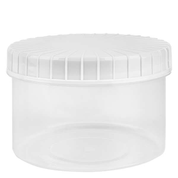 Barattolo in plastica 250 ml trasparente con tappo a vite scanalato di colore bianco in PE, tipo di chiusura standard