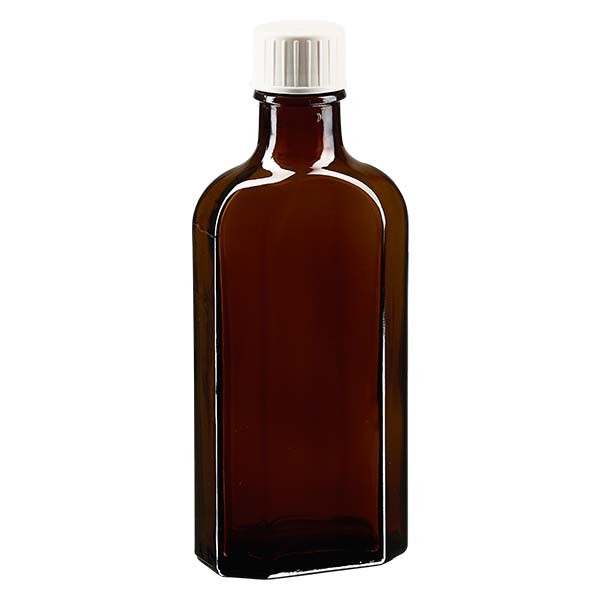 Bottiglia Meplat 125 ml colore marrone con imboccatura DIN 22, tappo a vite colore bianco DIN 22 con anello salvagoccia
