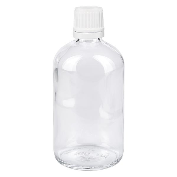 Flacone da farmacia 100 ml trasparente con tappo contagocce 1,2 mm antimanomissione colore bianco