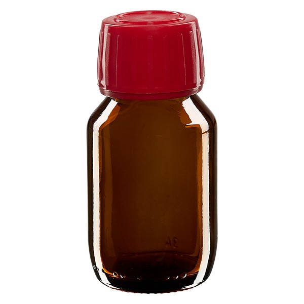 Flacone per medicinali secondo gli standard europei 50 ml colore marrone con tappo a vite antimanomissione di colore rosso