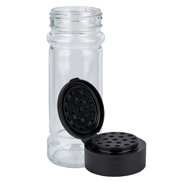 Barattolo per spezie cilindrico 100 ml con filettatura 41 mm, vetro trasparente, con tappo a vite spargispezie colore nero