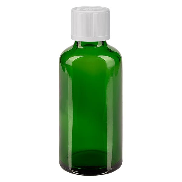 Flacone da farmacia 50 ml colore verde con tappo a vite colore bianco, dispositivo di blocco per i bambini