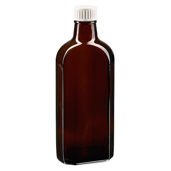Bottiglia Meplat 250 ml colore marrone con imboccatura DIN 28, tappo a vite colore bianco DIN 28 antimanomissione in PP