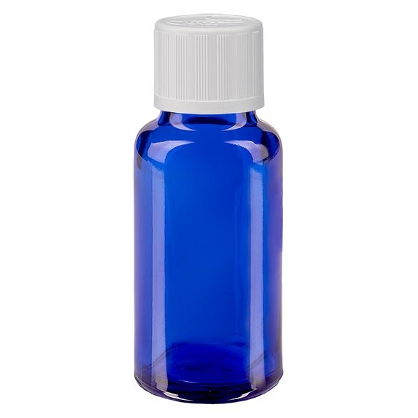 Flacone da farmacia 20 ml colore blu con tappo contagocce standard colore bianco, dispositivo di blocco per i bambini