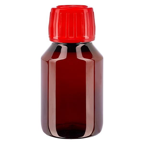 Bottiglia di medicina PET 50ml marrone (bottiglia Veral) PP28, con OV rosso