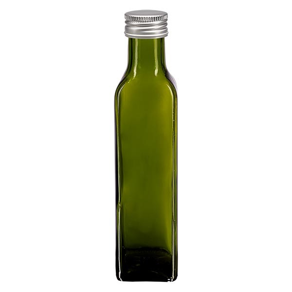 Bottiglia per olio da 250 ml forma rettangolare verde oliva incl. tappo a vite in alluminio color argento (PP 31,5 mm)