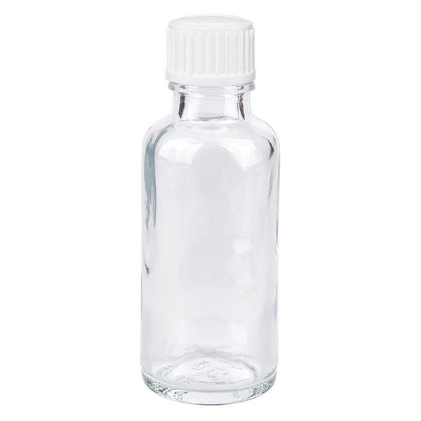 Flacone da farmacia 30 ml trasparente con tappo contagocce standard 0,8 mm colore bianco