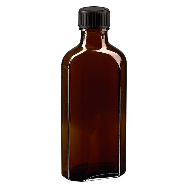 Bottiglia Meplat 100 ml colore marrone con imboccatura DIN 22, tappo a vite DIN 22 colore nero in EPE (