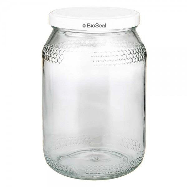 Vasetto per miele da 1260 g con capsula bianca BioSeal UNiTWIST