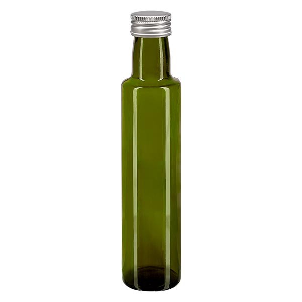 Bottiglia per olio da 250 ml forma rotonda verde oliva incl. tappo a vite in alluminio color argento (PP 31,5 mm)