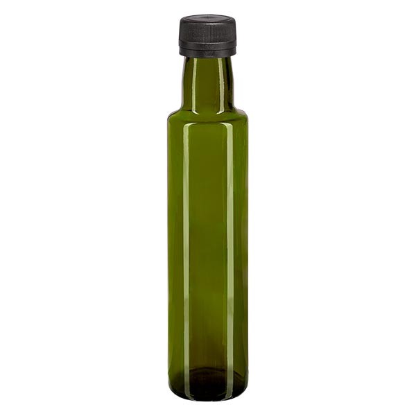 Bottiglia per olio da 250 ml rotonda verde oliva incl. tappo a vite colore nero (PP 31,5 mm) con anello salvagoccia antimanomissione