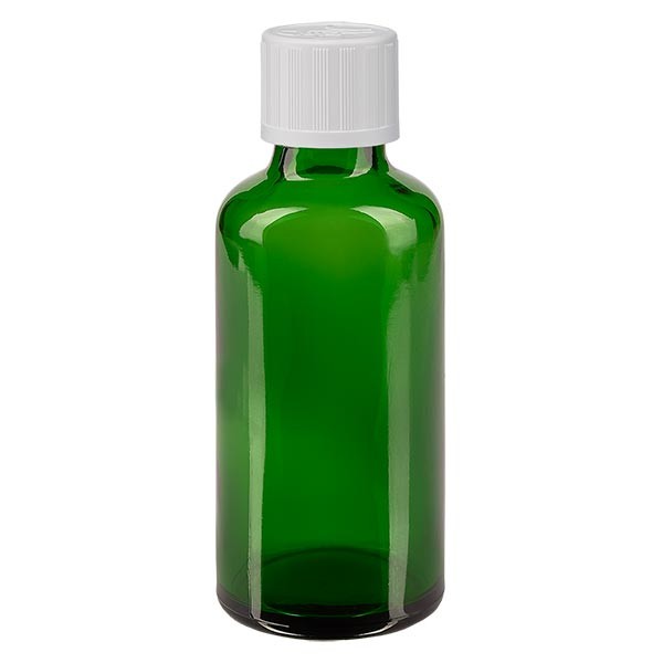 Flacone da farmacia 50 ml colore verde con tappo contagocce standard colore bianco, dispositivo di blocco per i bambini