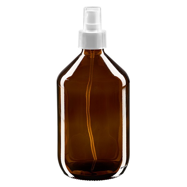 Flacone per medicinali 500 ml colore marrone secondo gli standard europei con nebulizzatore colore bianco e tappo trasparente