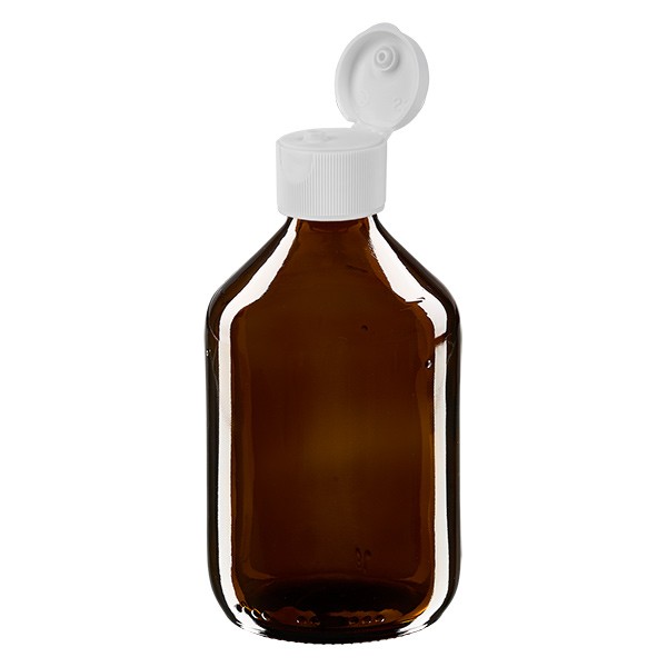 Flacone per medicinali secondo gli standard europei 300 ml marrone con tappo flip top colore bianco