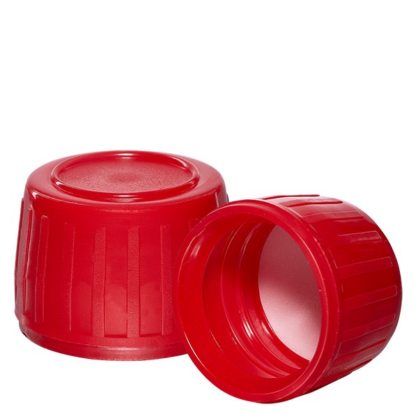Tappo a vite 28 mm colore rosso per flaconi per medicinali (antimanomissione) con disco di tenuta in EPE