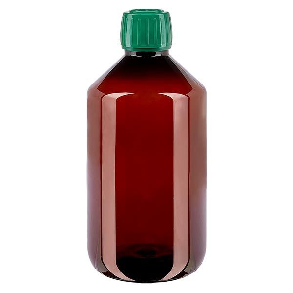Bottiglia di medicina PET 500ml marrone (bottiglia Veral) PP28, con OV verde