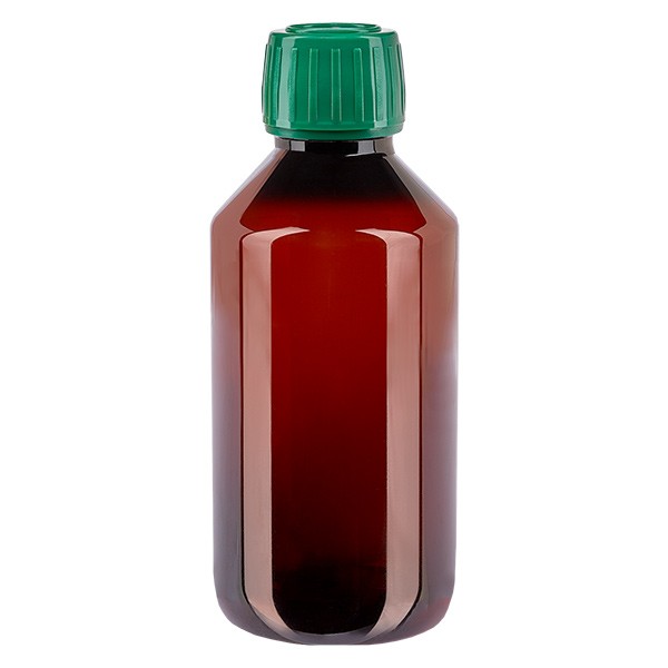 Bottiglia di medicina PET 250ml marrone (bottiglia Veral) PP28, con OV verde