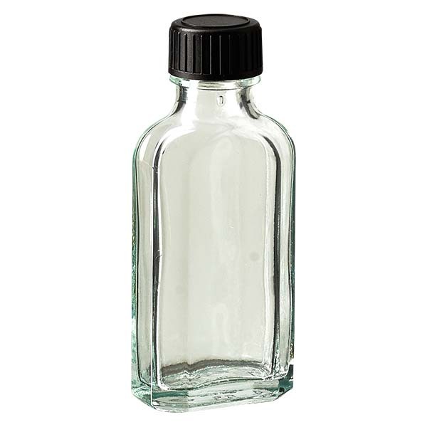 Bottiglia Meplat 50 ml colore bianco con imboccatura DIN 22, tappo a vite DIN 22 colore nero in LKD