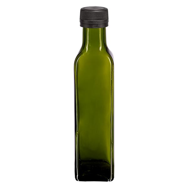 Bottiglia per olio da 250 ml rettangolare verde oliva incl. tappo a vite nero (PP 31,5 mm) con anello salvagoccia antimanomissione
