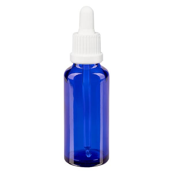 Flacone con pipetta 30 ml colore blu, pipetta antimanomissione colore bianco