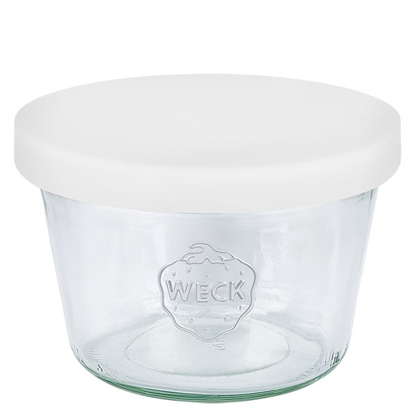 Bicchieri da 370 ml WECK RR100 con coperchio in silicone bianco