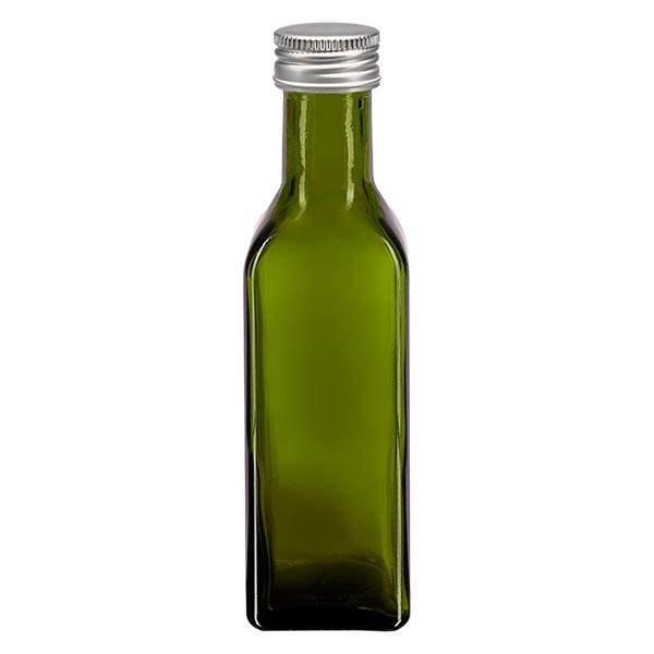 Bottiglia per olio da 100 ml forma rettangolare verde oliva incl. tappo a vite in alluminio color argento (PP 24 mm)