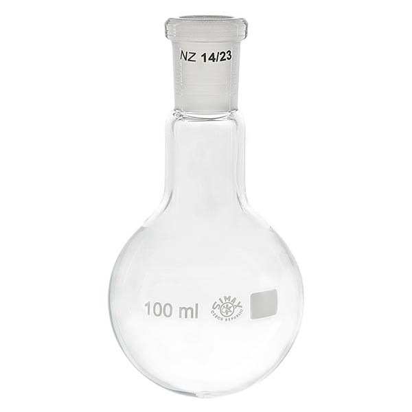 Matracci a fondo tondo 100 ml in borosilicato, con collo stretto e smerigliatura normalizzata 14/23