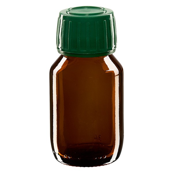 Flacone per medicinali secondo gli standard europei 50 ml colore marrone con tappo a vite antimanomissione colore verde